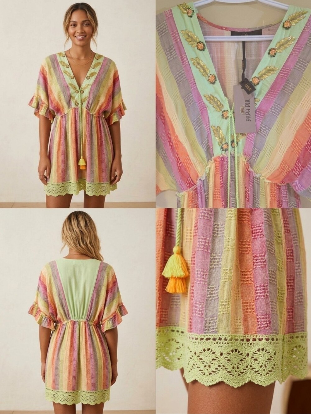 Papa Pia Rainbow Daydream Striped Babydoll Boho Minidress Size [One Size 6-16]